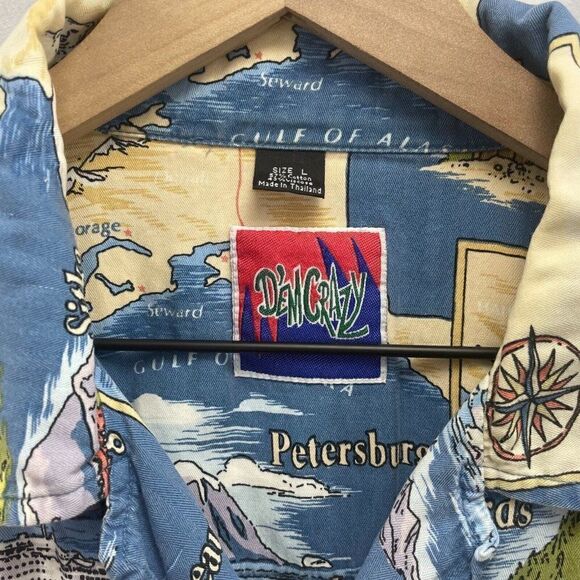 Dem Crazy Shirt Men's Size Large Short Sleeve Button Up Hawaiian Alaska Map Blue - Picture 4 of 5